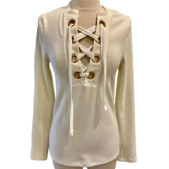 Derek Lam 10 Crosby Intermix sweater, Womens medum ribbed Lace-Up Ivory pullover - Picture 1 of 8